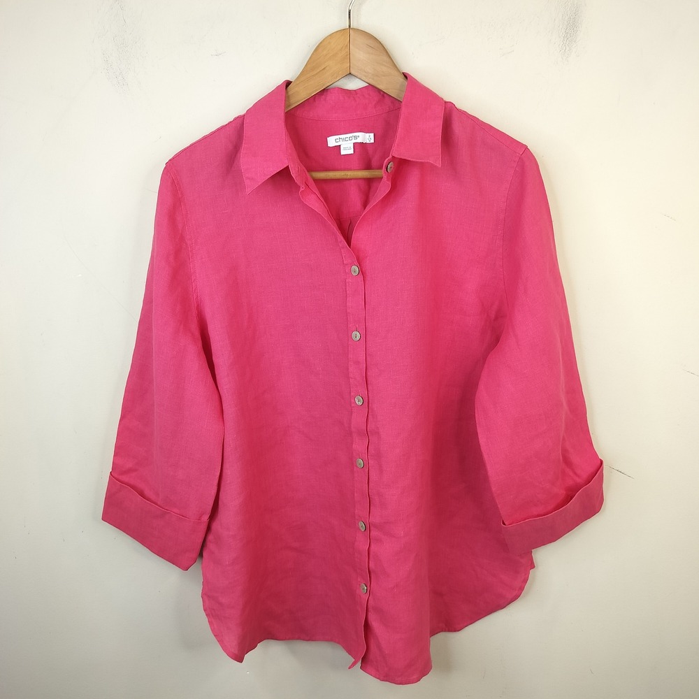 Chico's Linen Button Down Shirt 2 / 12 / Large Womens 3/4 Sleeve Pink